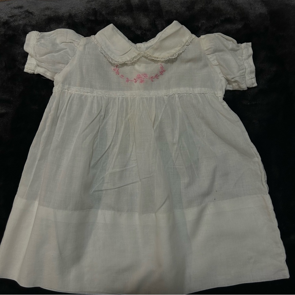 Vintage White Infant Dress with Pink Floral Embroidery